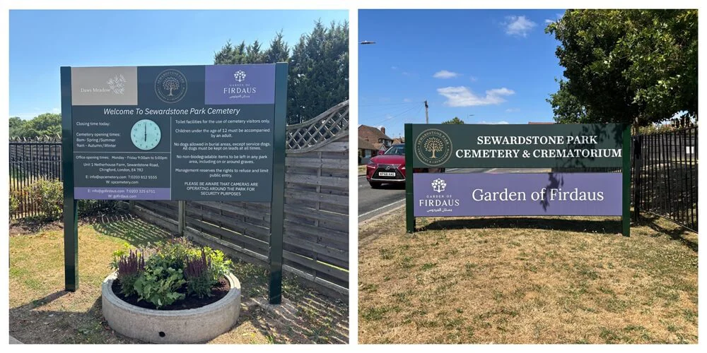 Custom branded post and panel directional signage informing visitors about the site they are visiting.
